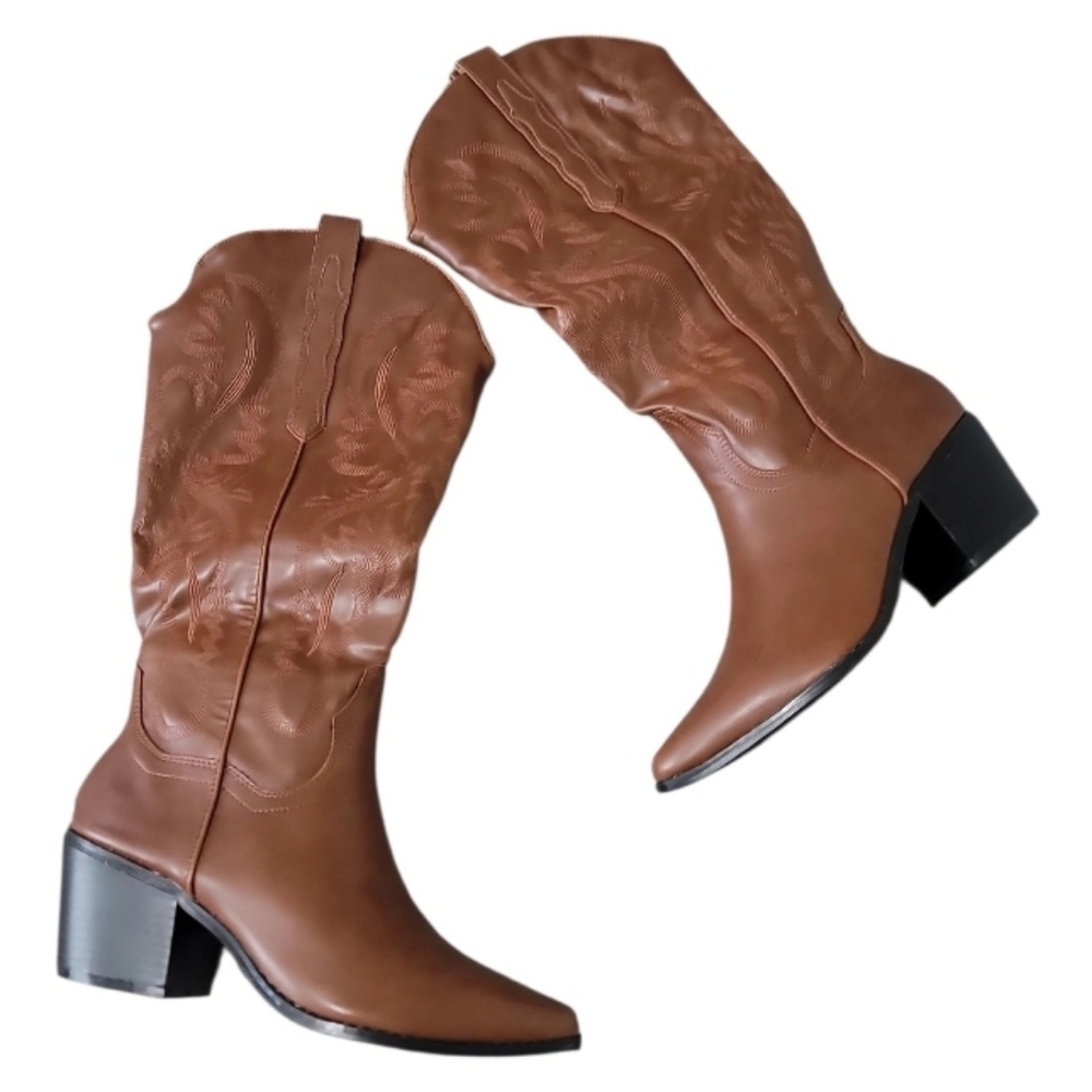 Cowboy Women Western Brown Faux Leather Boots Size 9 NWOT